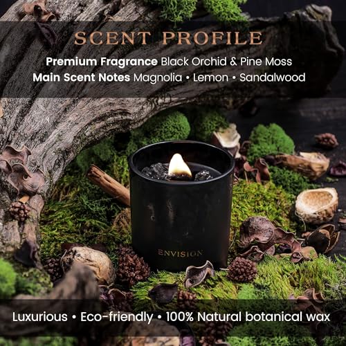 Black Orchid & Pine Moss Scented Crystal Candle - Luxury Manifestation Candle with Smoky Quartz and Clear Quartz Crystals...