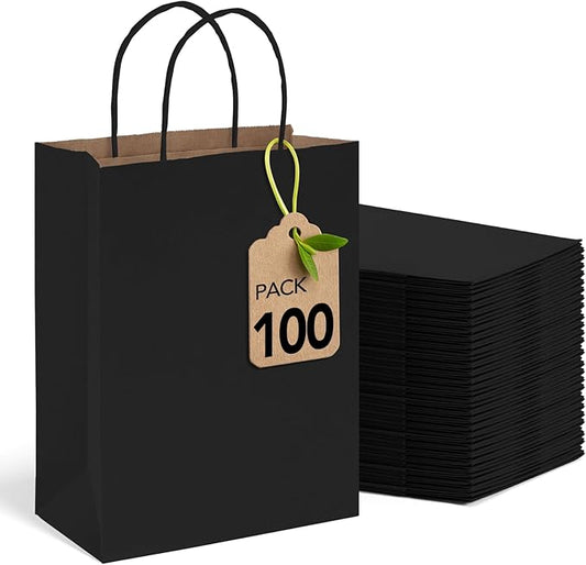 MESHA 100 Pack Black Gift Bags 8x4.25x10.5 Inch Kraft Paper Bags with Handles Bulk Craft Bag Medium Size for Wending Birth...