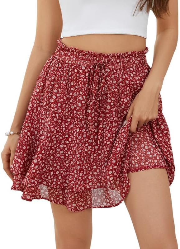 Summer Flowy Skirts Women Mini Skorts Casual Boho Floral Skirts Ruffle with Shorts Underneath Beach Tiered Skorts