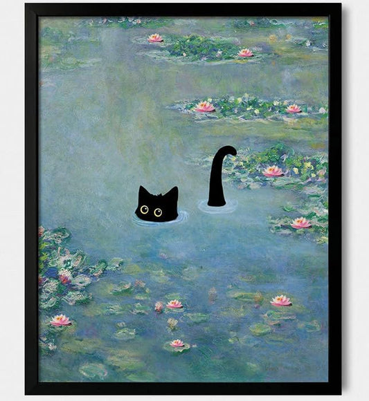 Hamduker Cat Wall Art Monet Prints Vintage Canvas Wall Art Funny Cat in Water Lilies Posters for Room Bedroom Living Room ...