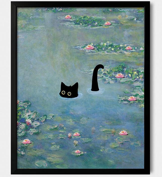 Hamduker Cat Wall Art Monet Prints Vintage Canvas Wall Art Funny Cat in Water Lilies Posters for Room Bedroom Living Room ...