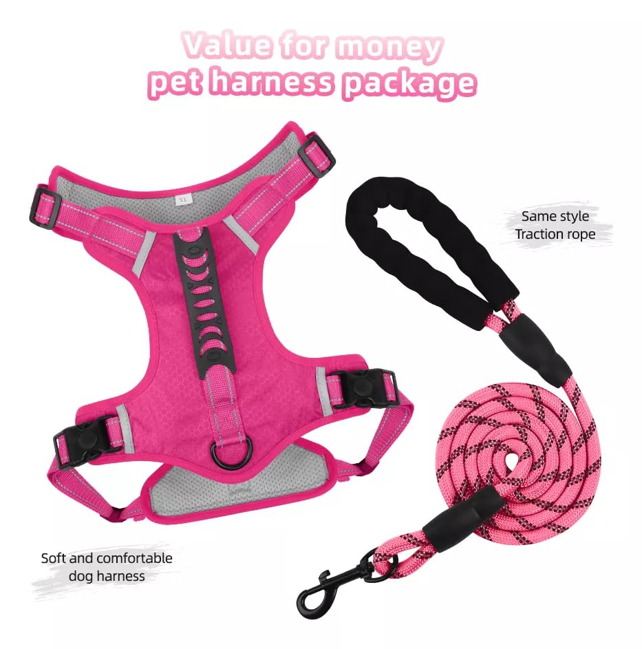 UNA MASCOTA Dog Harness No Pull Adjustable Reflective,for Medium and Large Small Dog with Leash 59.06in (Fuscia, XL)