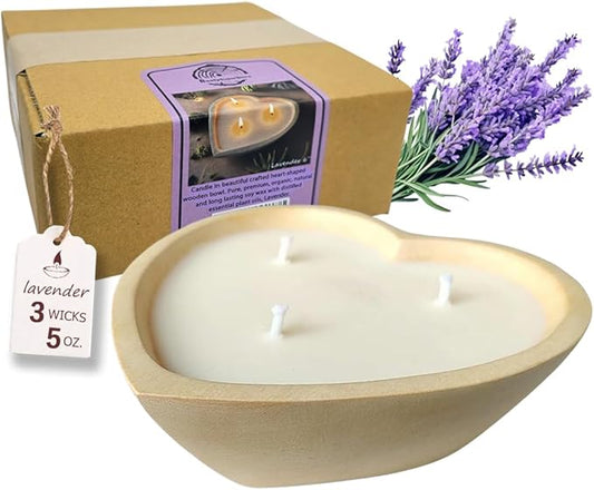 BestySuperStore 6” Heart Shaped Wooden Bowl Lavender Scented Soy Wax Candle - 3 Wicks 5 oz Decorative Dough Bowls Candles ...