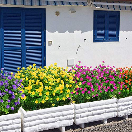 KLEMOO 8 Bundles Outdoor Artificial Fake Flowers UV Resistant No Fade Boxwood Faux Plastic Plants for Garden Patio Porch W...