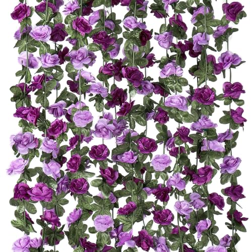 KHOYIME 9 Pack 72 FT Artificial Flower Garland, Fake Purple Roses Vines Silk Flowers Faux Plastic Outdoor Hanging Floral I...