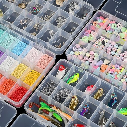 CGCG 3 Pack 7.9 x 5.8 inch Plastic Organizer Box with Adjustable Dividers 18 Grids Clear multi Compartment Storage Contain...