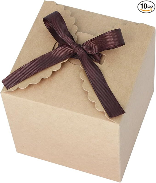 Brown Gift Boxes with Ribbon – 4x4x4" Foldable Paper Boxes with Lids, Set of 10, Eco-Friendly Small Kraft Present Boxes fo...