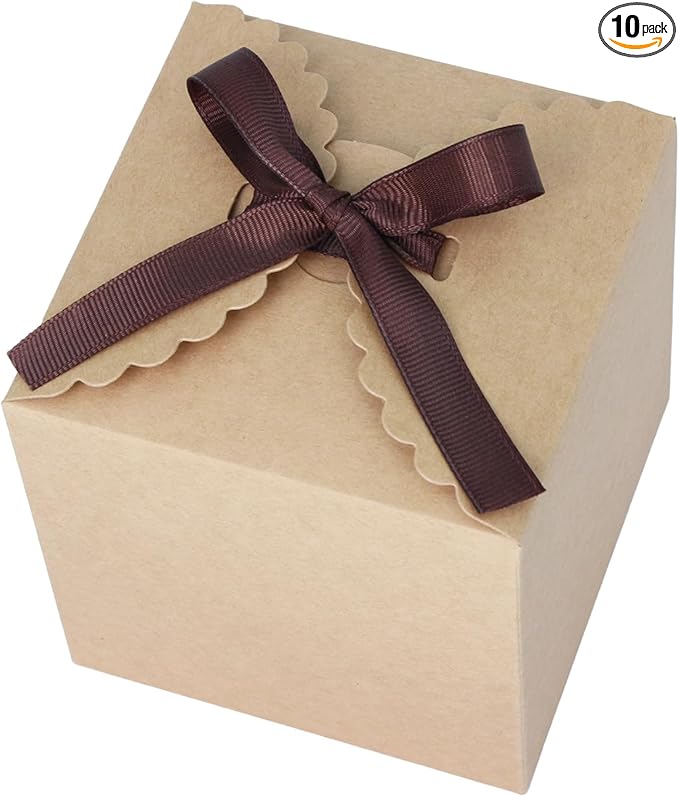Brown Gift Boxes with Ribbon – 4x4x4" Foldable Paper Boxes with Lids, Set of 10, Eco-Friendly Small Kraft Present Boxes fo...