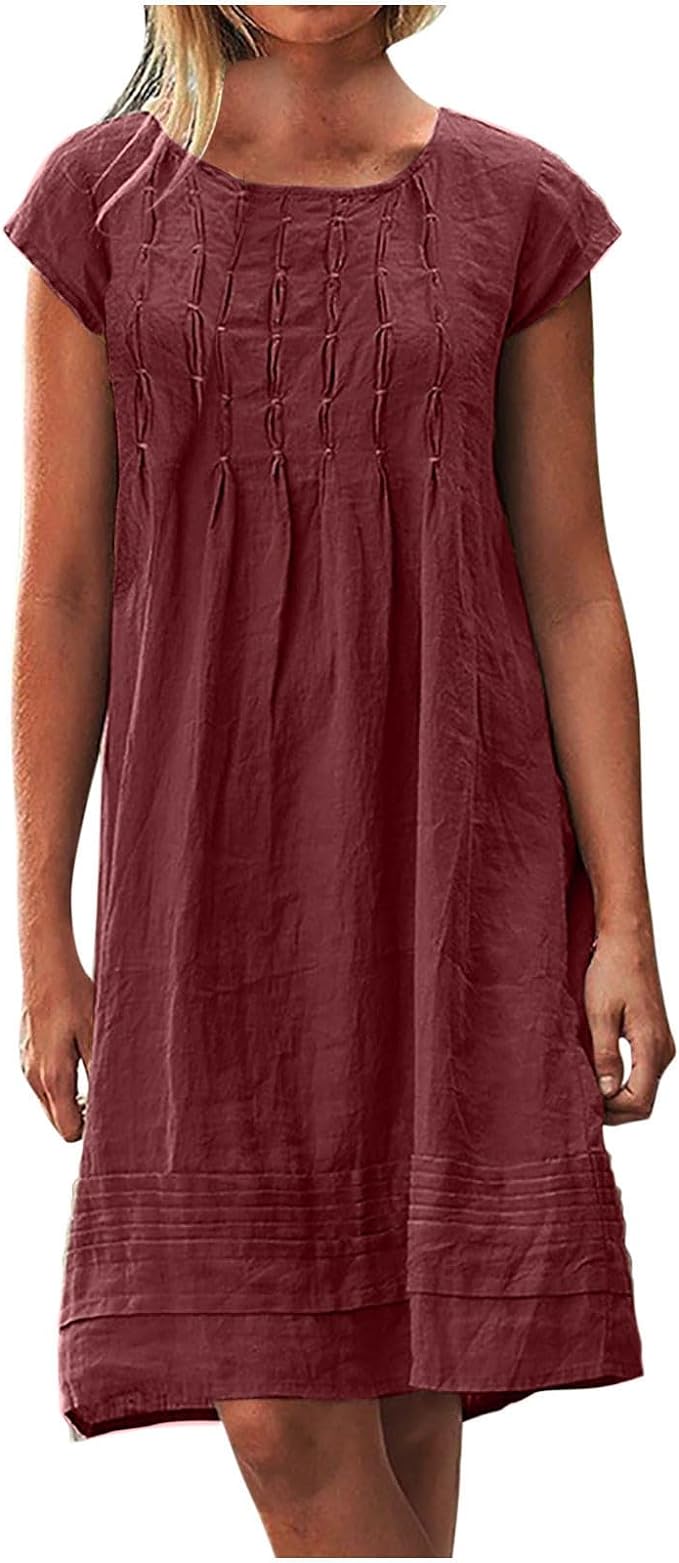 Cotton Linen Dresses for Women Casual Short Sleeve Crew Neck Floral Embroidery Dress Loose Pleated Front Midi Dress