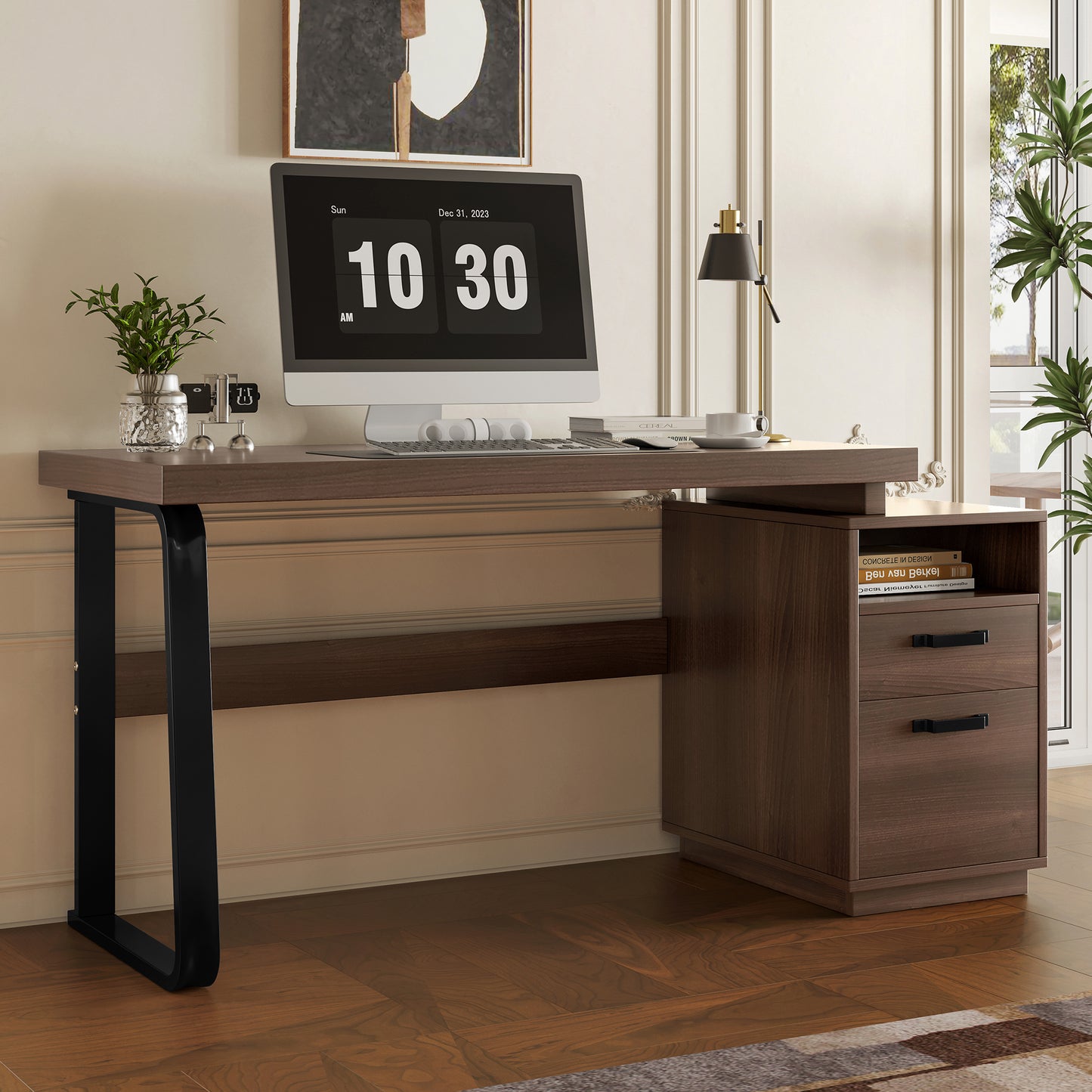 135x54cm Modern Minimalist Style Desk, MDF Desk Top With High Quality Steel Tube, Super Resilient, Multifunctional Storage Design, Noiseless Drawer, Folder Locker