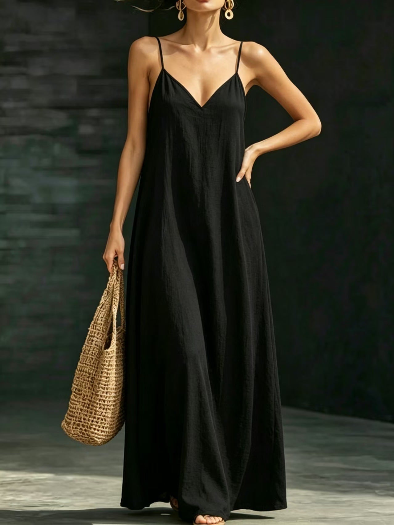 Summer V-Neck Spaghetti Strap Flowy Maxi Dress - Casual Fashion Solid Color Long Dress For Women Vaction Dress