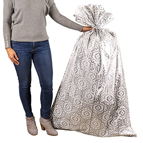 Hallmark 56" Large Plastic Gift Bag (Silver Damask) for Engagement Parties, Bridal Showers, Weddings, Valentines Day, Holi...