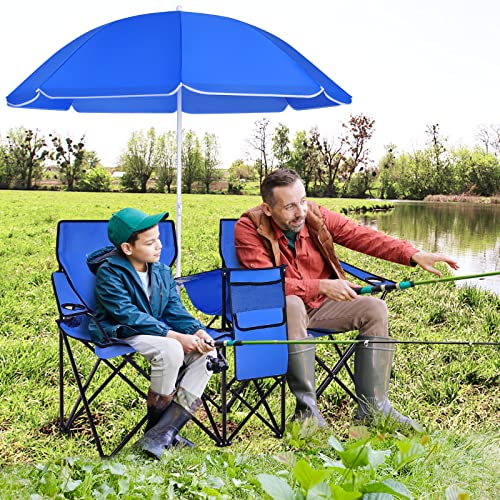 COSTWAY Double Portable Picnic Chairs, Folding Camping Chairs w/Detachable Umbrella, Cooler Bag, Cup Holders, Patio Beach ...