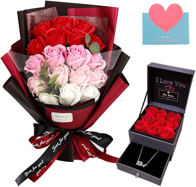EIGHTOWN Roses Bouquet Artificial Flower - Preserved Red Rose Flowers with Love Necklace for Her - Unique Gifts Valentine'...