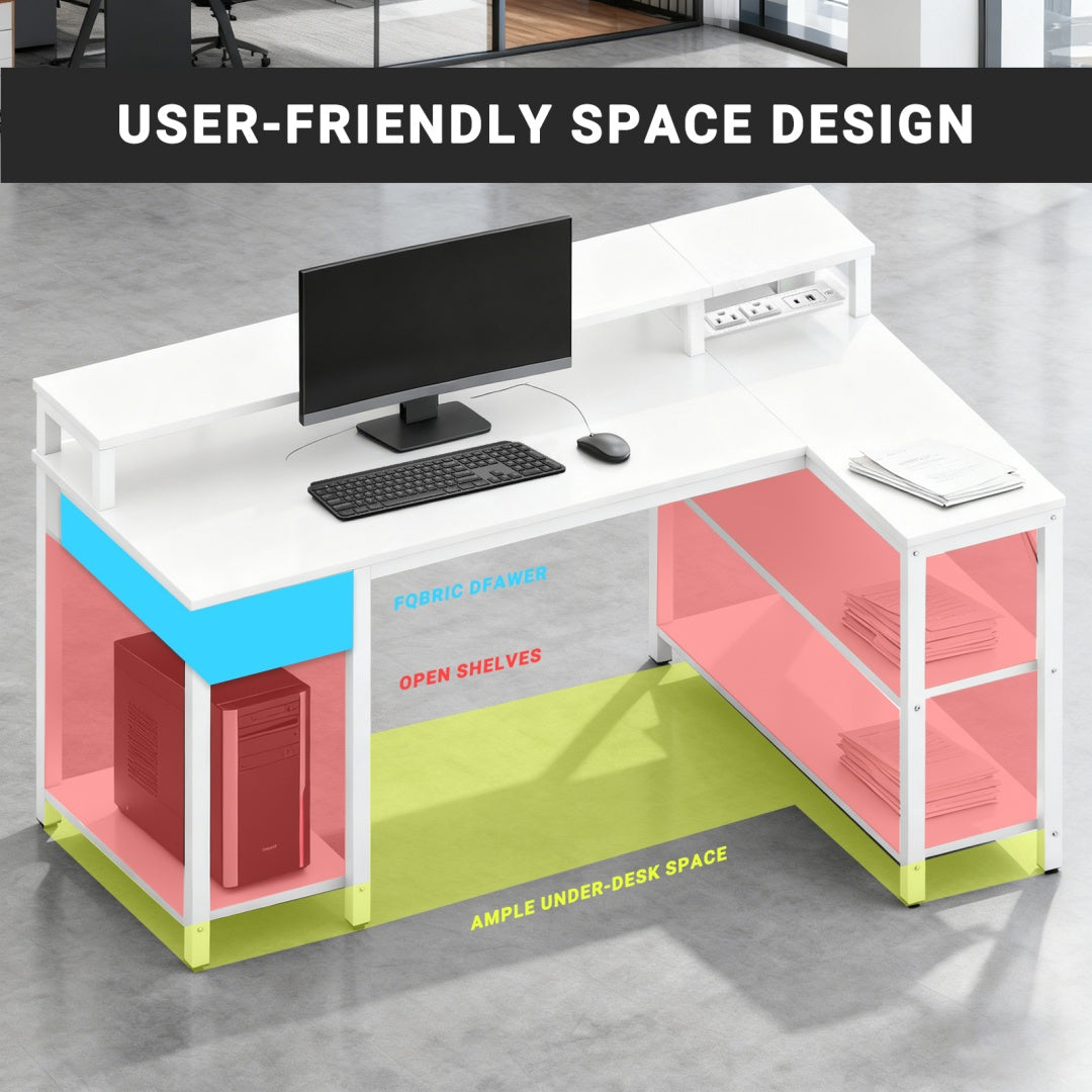 53-inch Gaming Table With USB Charging Port And LED Light, Reversible L-shaped Table With Power Socket And Monitor Stand