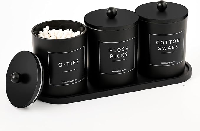 Glass Qtip Holder for Bathroom, Black Cotton Round Holder Swab Pad Dispenser with Lids, Floss Pick Holder with Bamboo Tra...