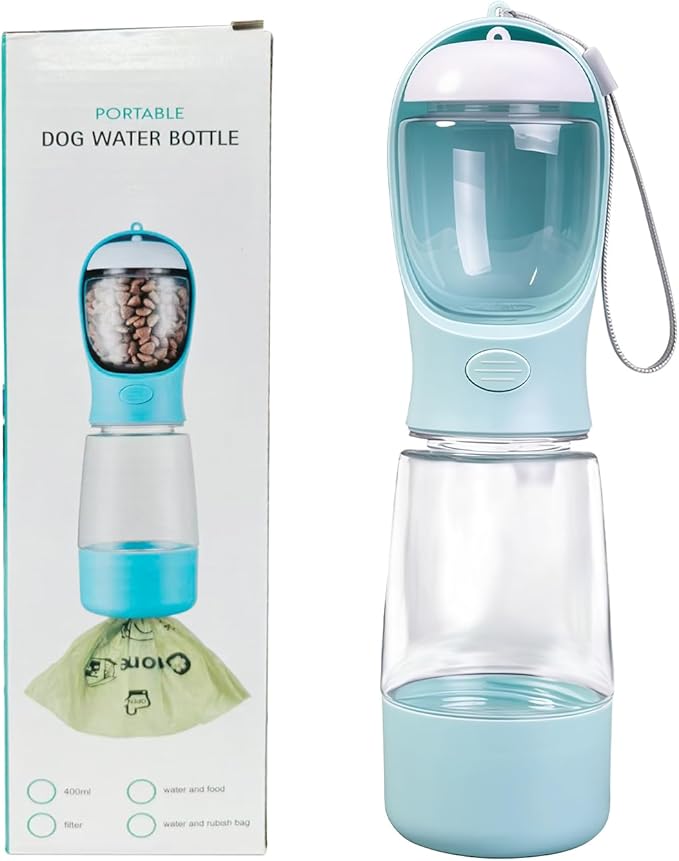 Dbbsfst 3-in-1 Dog Water Bottle Portable Leak Proof Pet Water Dispenser with Built-in Snack Storage & Waste Bag Holder 14o...