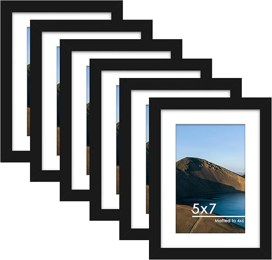 PEALSN 5x7 Picture Frame Set of 6, Display Pictures 4 x 6 with Mat or 5 x 7 without Mat for Wall Mounting or Table Top Dis...