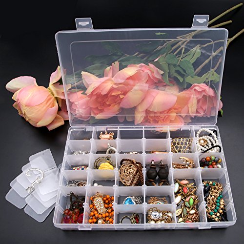 KLOUD City Clear Plastic Jewelry Box Organizer Storage Container with Adjustable Dividers (36 Grids)