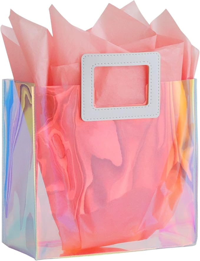 VUOJUR 8.3'' Holographic Small Gift Bag with Tissue Paper Reusable Birthday Gift Bag for Girls Women Iridescent Bacheloret...