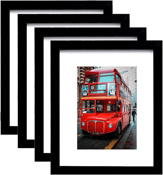 pojah 8x10 Picture Frame Set of 4,Black Photo Frame with Mat Display Pictures 5x7 or 8x10 Without Mat,PVC Glass,for Wall H...