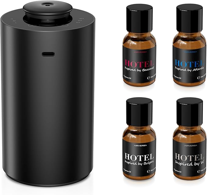 Airversa Waterless Essential Oil Diffuser Starter Kit with 4x10mL Hotel Fragrance Oils for Home Car Office, Premium Alumin...