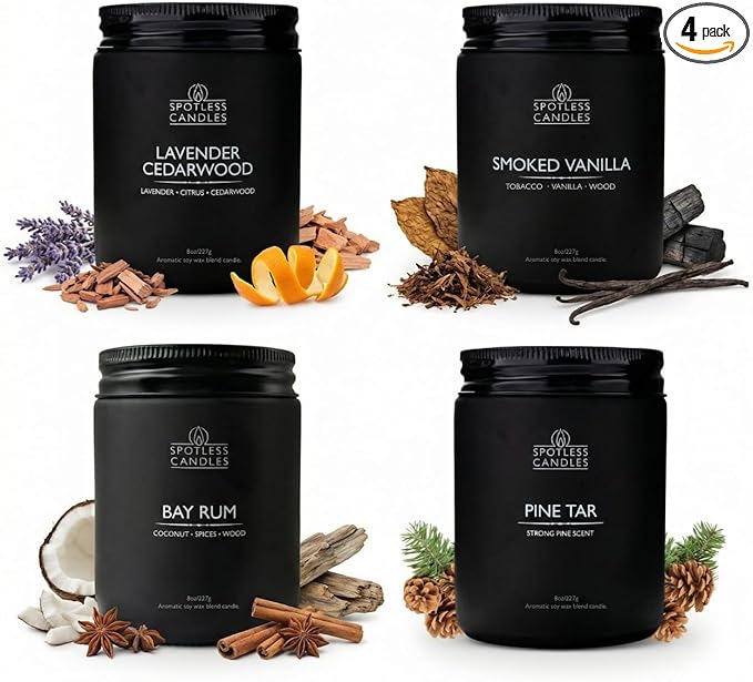 Scented Candles for Men - Soy Candles in Gift Box & Protective Shipper - Men Candle Set x 4 - Cedarwood & Lavender/Bay Ru...