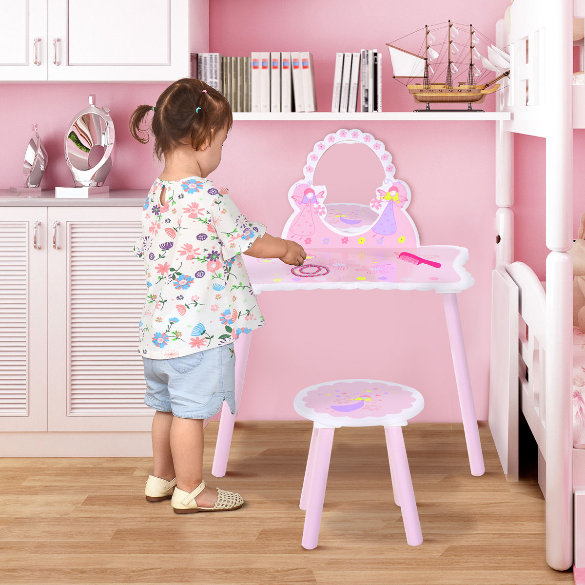 Kids Dressing Table Girls Pink Wooden Kids Dressing Table & Stool Make Up Desk Chair Toys Fairy Dresser Play Set W/Mirror