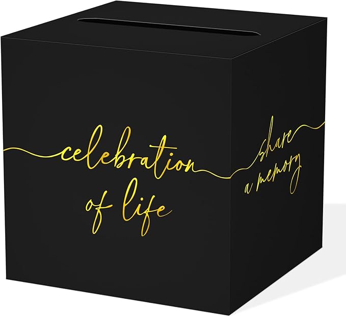 QISOLIY Black Celebration of Life Card Box with Gold Lettering, Share a Memory Funeral Card Box for Memorial Service, Reme...