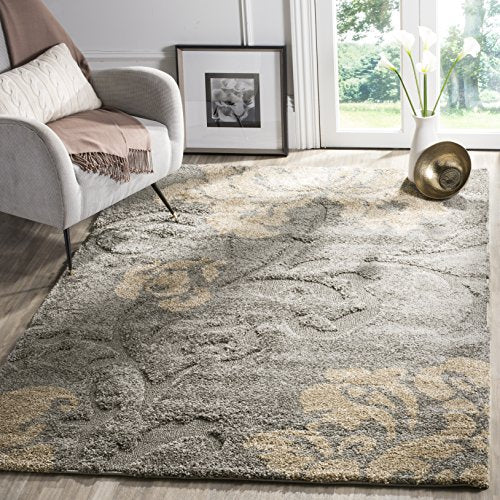 SAFAVIEH Florida Shag Collection Area Rug - 8'6" x 12', Grey & Beige, Floral Design, Non-Shedding & Easy Care, 1.2-inch Th...