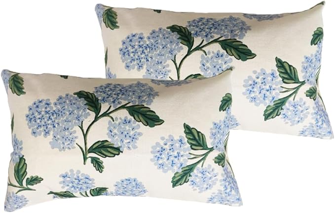 Btyrle Blue Hydrangea Flower Throw Pillow Covers 12x20 Inch Set of 2 Decorative Farmhouse Cotton Linen Floral Pillowcases ...