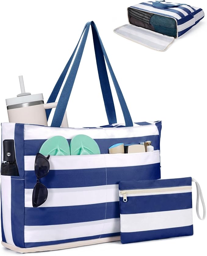 WANDF Beach Bags for Women, Large Waterproof Sandproof Beach Tote Bag with Zipper Family Pool Bags with 40oz Tumbler Pocke...