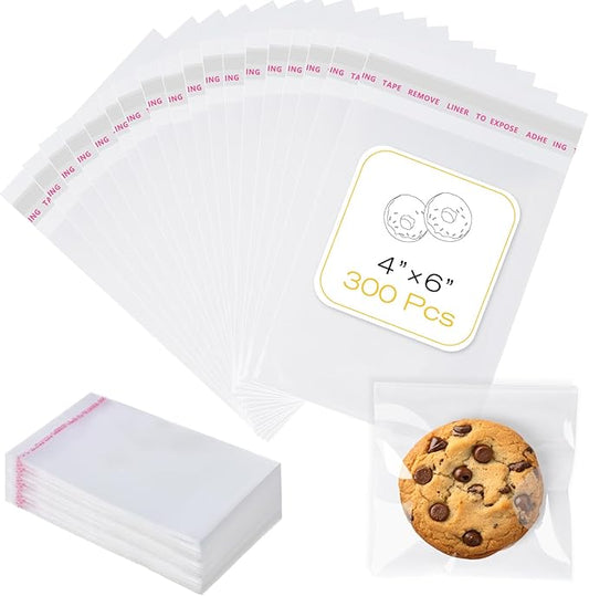 300 Pcs Cookie Bags with Seal, 4x6 Inches Self Sealing Cellophane Bags, Clear Cookie Bag Resealable Treat Bags for Packagi...