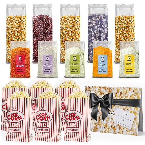 Pop n' Dulge Popcorn Movie Night Supplies 16 pcs Gift Set, 5 Gourmet Popcorn Kernels, 5 Seasoning Variety Packs Non-GMO Ko...
