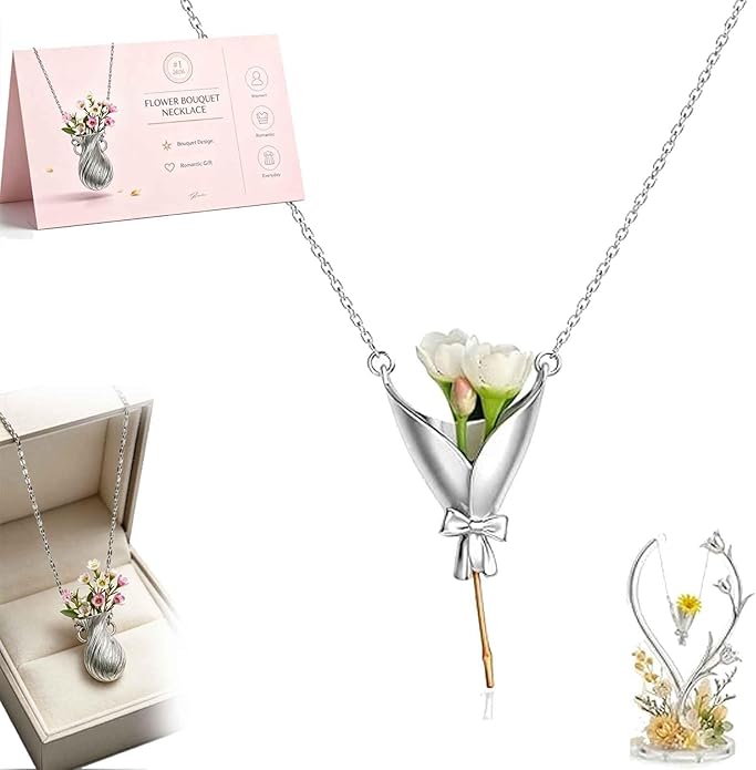 Flower Bouquet Necklace, Minimalist Metal Creative Flower Holder Vase Necklace, Gift for Women Mom Wife Romantic Mood Acce...