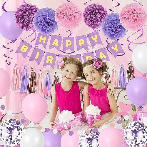 Purple Pink Birthday Party Decorations for Women Girls with Happy Birthday Banner,Hanging Swirls,Tissue Paper Pompoms,Circ...