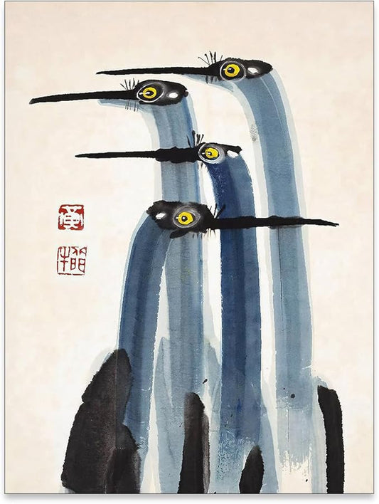 Heltrappe Japanese Vintage Crane Canvas Poster Antique Asian Bird Wall Art Blue Minimalist Animal Watercolor Prints for Co...
