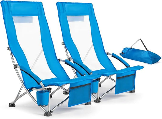 VINGLI Low Beach Chairs, High Back Chairs with Carry Bag，Foldable Portable Backpack Beach Chair for Camping Picnic LAN-2 Pack