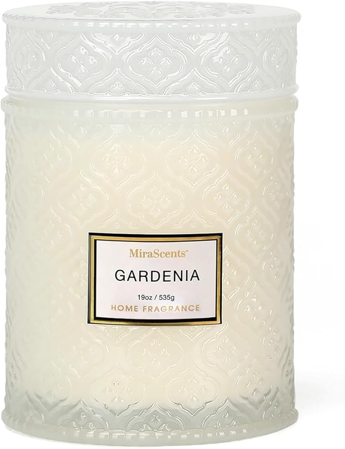Gardenia Candle - White Floral Fragrance | 19 oz Large Soy Wax Candle in Embossed Glass Jar | Long Lasting Decorative Cand...