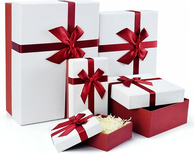 Eerbaier Gift Box for Present, Set of 5 Gift Boxes with Lids, Boxes for Gifts, Red Gift Boxes with Ribbon for Birthday, Mo...