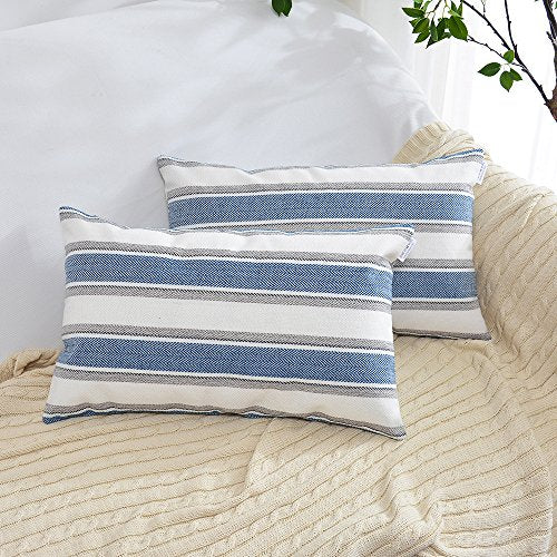 NATUS WEAVER Navy Pure White Stripe Pillow Cases Soft Linen Square Decorative Throw Cushion Cover Pillowcase with Hidden Z...
