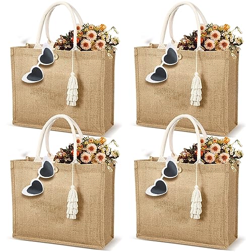 Woanger 4 Pack Burlap Tote Bags for Women Bridesmaid Jute Gift Bag with Handles and Tassels Reusable Grocery Bags for Wedding