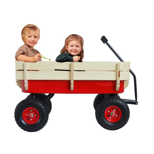 Outdoor Sport Wagon Tools Cart Wooden Side Panels Air Tires Wagon - Red