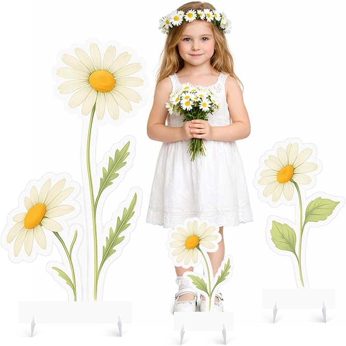 Yookeer 3 Pcs Spring Daisy Party Decorations 40 Inch Large Artificial Flowers Stand-up Signs with Bases Bright Floral Card...