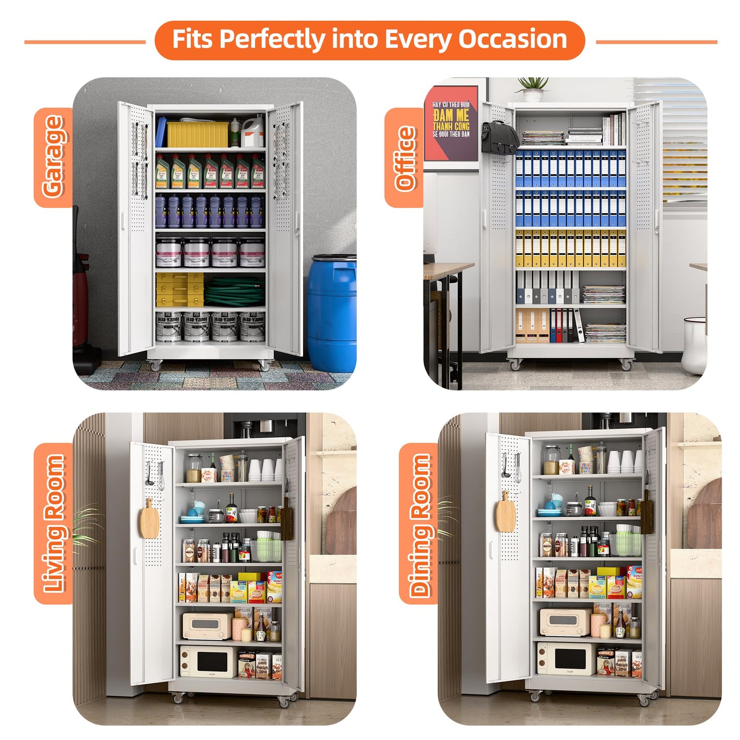 Aobabo Metal Storage Cabinet With Wheels, Steel Locking Cabinet With Pegboard Doors, Garage Cabinet For Office Pantry, 5 Adjustable Shelves White