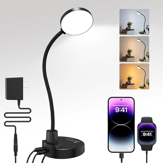 15W LED Desk Lamp with USB Charging Ports – Dimmable Table Lamp with 3 Color Temps, 5 Brightness, 4 Timers, Flexible Goose...