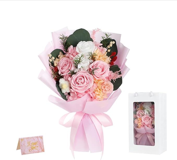 HOTKBO Flowers for Delivery, Preserved Flowers Bouquets – 4 Eternal Pink Roses that Last 2-3 Years,Gift for Mom Grandma Wi...