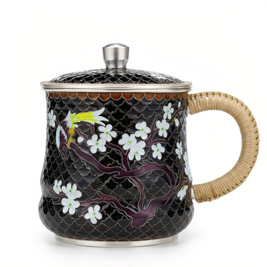 925 Sterling Silver Elegant Handcrafted Enamel Tea Mug with Plum Blossom and Bird Design - Handicraft
