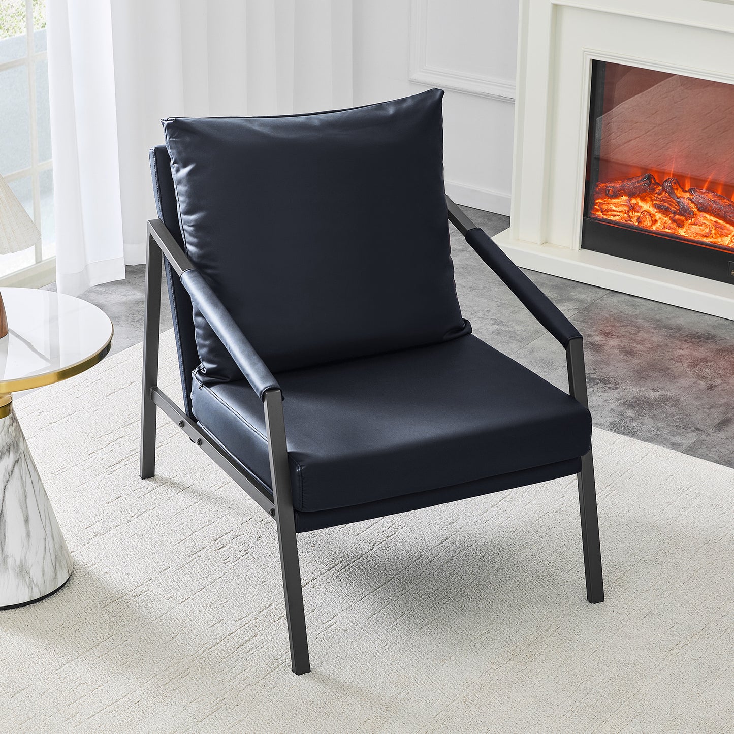 Modern Faux Leather Accent Chair, Upholstered Single Sofa Armchair With Sturdy Black Metal Frame, Industrial Lounge Reading Chair For Living Room Bedroom Office Waiting Room, Black