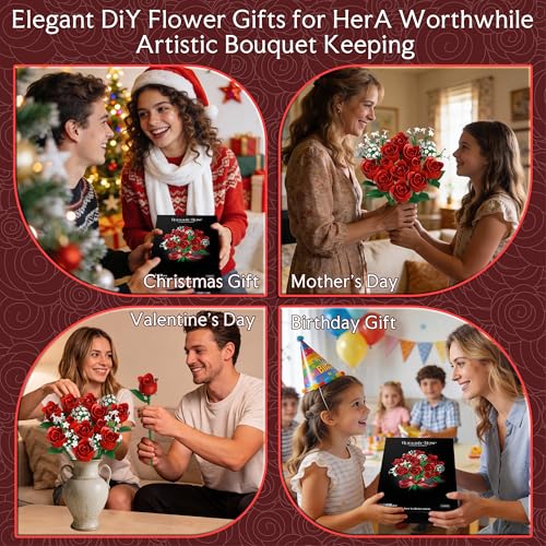 Red Rose Flowers Bouquet Building Set - Valentine's Day Gift Compatible with Lego Flowers for Adults Women, Collection Chr...
